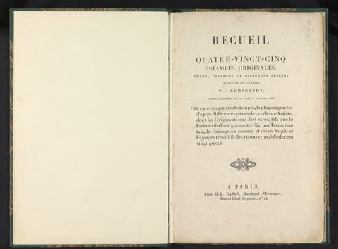 Collection of eighty-five original prints, heads, landscapes and different subjects, drawn and engraved by Rembrandt. In Paris, Chez H.L. Basan [1807-1808], Henry Louis Basan, 1807-1808 Canvas Print
