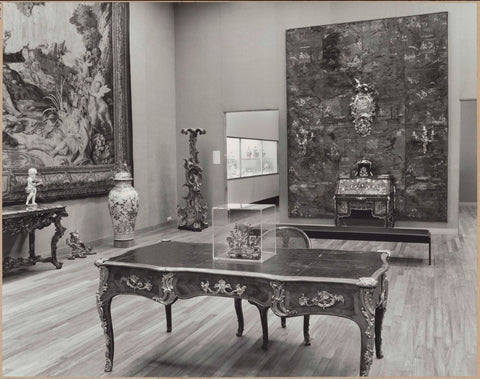 Room with writing desk, chair, clockworks, tapestry, wall decoration, vase, ornamented torchère, desk and a passageway, 1962 Canvas Print