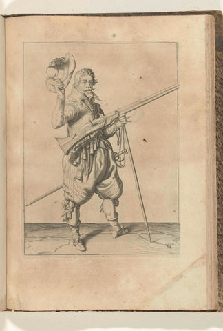 Soldier on guard holding his musket with his left hand at his right side diagonally upwards, while he takes off his hat with his right hand (no. 38), ca. 1600, Jacob de Gheyn (II) (workshop or), 1597 - 1608 Canvas Print