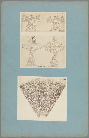 Two photo reproductions of ornament drawings and an ornament print, anonymous, c. 1875 - c. 1900 Canvas Print