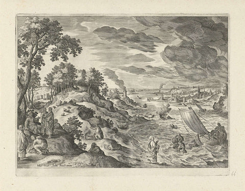 Landscape with the vocation of the apostle Peter, Johann Sadeler (I), 1580 - 1600 Canvas Print