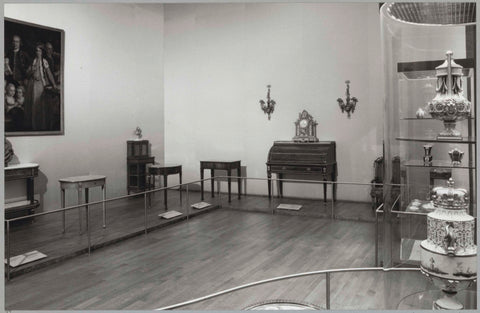 Room with tables, a secretaire, a clock, candlesticks and a display case with ceramics, c. 1991 Canvas Print