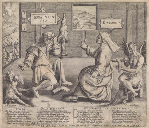 Allegory with personifications of good intention (Bona Intentio) and de Tweedracht (Discordia), Jacob de Gheyn (I) (circle of), c. 1575 - c. 1590 Canvas Print