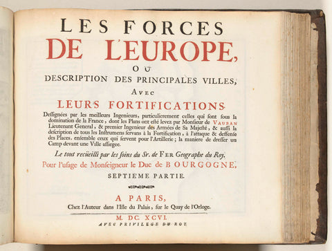 Title page the seventh part of the print work: Nicolas de Fer, Les forces de l'Europe, 1696, Nicolas de Fer, 1696 Canvas Print