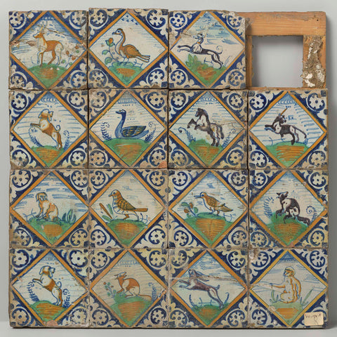 Field of sixteen tiles with animals, anonymous, c. 1580 - c. 1625 Canvas Print