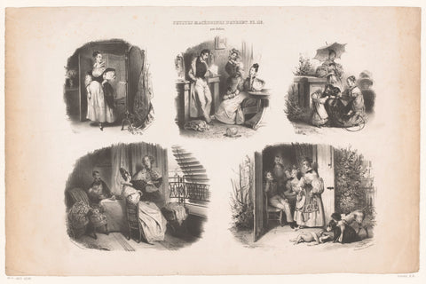 Five representations of people in gardens and interiors, Bernard Romain Julien, 1832 - 1833 Canvas Print