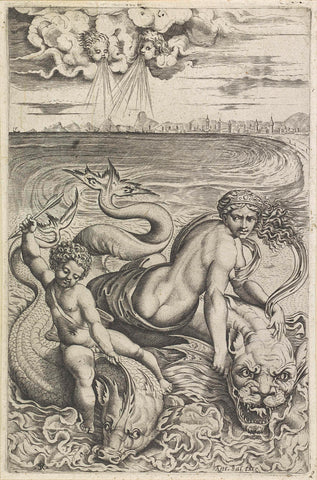 Venus and Amor on dolphins, Marco Dente, 1517 - 1562 Canvas Print