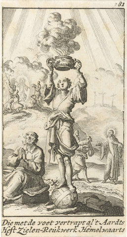 Figure stands on a national apple and holds a smoking sacrificial scale in the air, Jan Luyken, 1687 Canvas Print