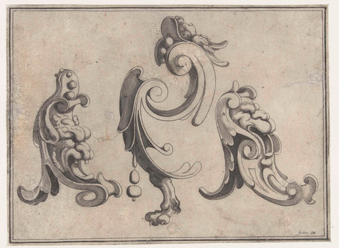 Three ornaments with mascarons, anonymous, c. 1604 - c. 1616 Canvas Print