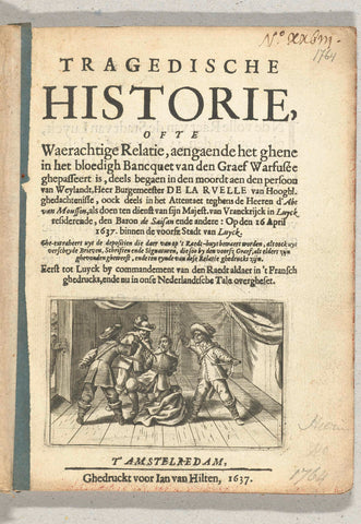 Titelpagina van het pamflet Tragedische Historie van de moord op Sebastiaen de la Ruelle, burgemeester van Luik, 1637, anonymous, 1637 Canvas Print