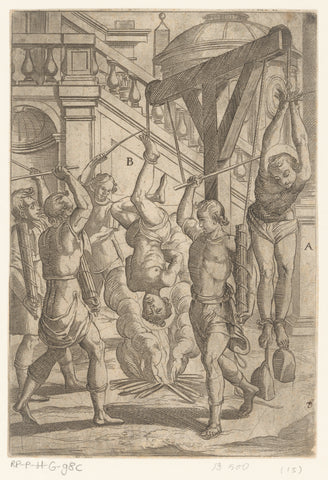 Torture: burning hanging upside down and beating, Antonio Tempesta, 1565 - 1630 Canvas Print