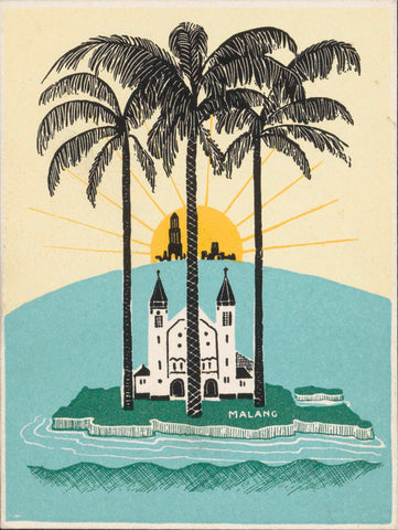 View of the island of Malang with a church under palms and a rising sun, anonymous, c. 1930 - c. 1949 Canvas Print