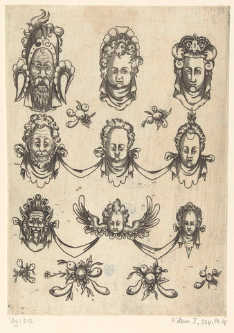 Nine masks and six small bunches of fruits, anonymous, c. 1500 - 1598 Canvas Print