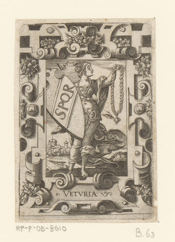 Veturia with coat of arms in rolling frame, Virgil Solis, 1524 - 1562 Canvas Print