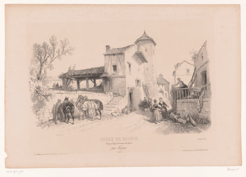 Village street with horses and various figures, Fortuné Férogio, 1845 - 1846 Canvas Print