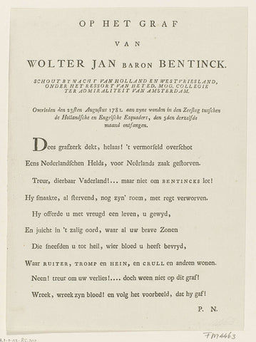 Epitaph at the death of Wolter Jan Gerrit baron Bentinck, 1781, Monogrammist PN, 1781 Canvas Print