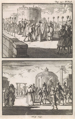 Pope Sixtus V visits the Engelenburcht in Rome / A sixteen-year-old boy is taken to the gallows, Jan Luyken, 1697 Canvas Print