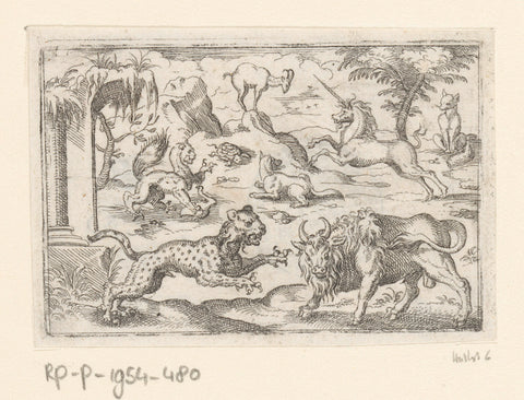 Two foxes, a leopard, a oeros, a turtle, a gems, a unicorn and a mythical animal, Stephan Herman, 1578 - 1596 Canvas Print