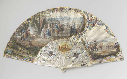 Folding fan with a double sheet of paper on which in gouache on the front a military encampment and an army formation, on the back the siege of a city, on an ajour and embossed frame of mother-of-pearl, anonymous, c. 1750 Canvas Print