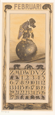 Calendar sheet February with monkey on a ball, Theo van Hoytema, 1909 Canvas Print