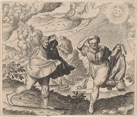 Fable of the wind, the sun and the hikers, Aegidius Sadeler, 1608 Canvas Print