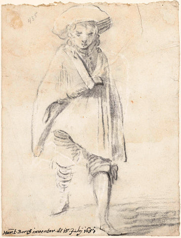 Standing figure of a young man with a cloak around him, Harmen ter Borch, 1651 Canvas Print