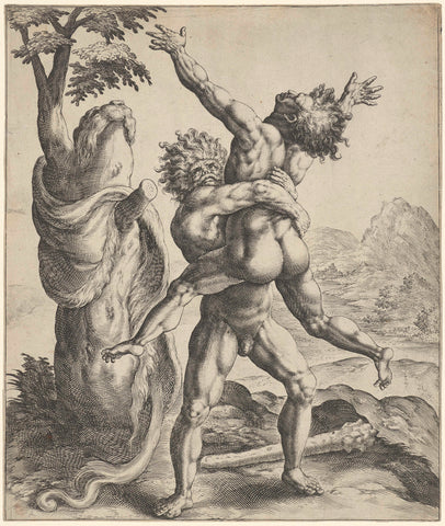 Hercules wrestles with Antaeus, Crispijn van de Passe (I), 1574 - 1637 Canvas Print