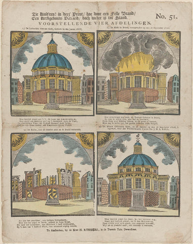 See child'ren! in deez' print / hoe door een fiercee brand / Een kerkgebouw verdestroyed / maar weder is tot stand / Presenting four sections, Erve H. Rynders, 1831 - 1854 Canvas Print