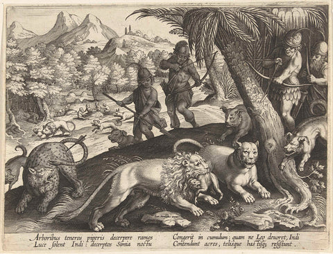 Hunting lions and leopards with bow and arrow, Jan Collaert (II), 1594 - 1598 Canvas Print