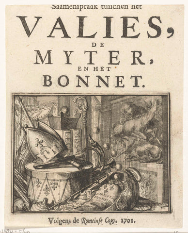 Title page for the pamphlet: Saamenspraak between the Valies, the Myter, and the Bonnet, 1701, Romeyn de Hooghe, 1701 Canvas Print