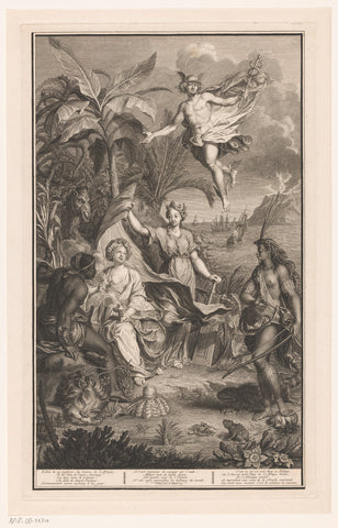 Allegorical depiction with the personifications of Asia, Africa and America; in the air floats Mercury, Bernard Picart, 1719 Canvas Print