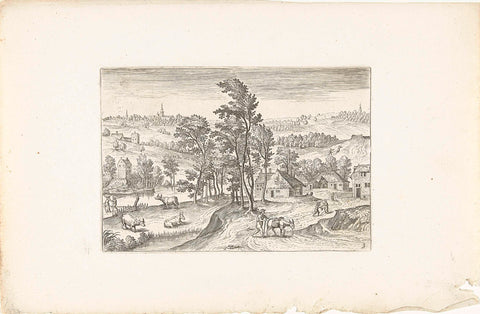 Landscape with a village next to a river, Adriaen Collaert, 1578 - 1618 Canvas Print