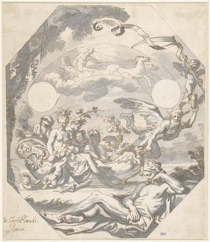 Design for a dial with a mythological allegory, Domenico I Piola (attributed to), Carlo Maratti (rejected attribution), c. 1690 - c. 1695 Canvas Print