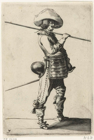 Standing soldier with chest and spear over the shoulder, and profile, Salomon Savery, 1630 - 1665 Canvas Print