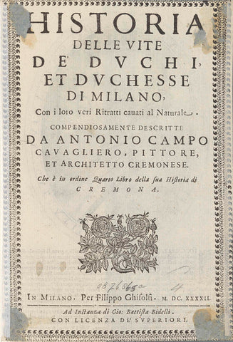 Title page with text and roses, Filippo Ghisolfi, 1642 Canvas Print