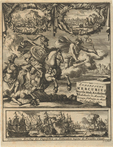 Mars follows the instructions of Mercury on horseback, Jan Luyken, 1692 Canvas Print