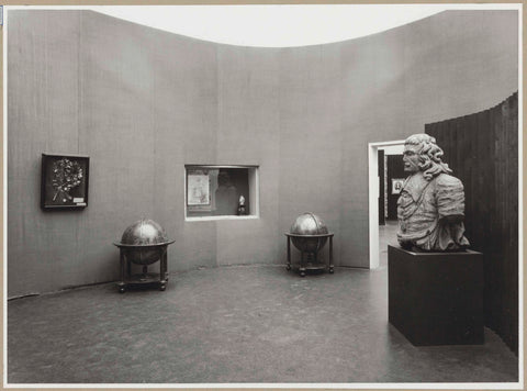 Room with an earth and sky globe on either side of a display case, on the right is a bust, c. 1957 Canvas Print