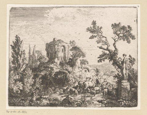 Mountain landscape with ruin and a herd of animals at the statue of Flora, Christian Wilhelm Ernst Dietrich, 1744 Canvas Print