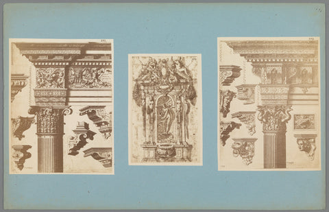 Three photo reproductions of a drawing and prints of architectural elements, anonymous, c. 1875 - c. 1900 Canvas Print