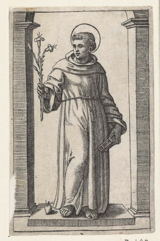 Saint Anthony of Padua with lily and heart, Marcantonio Raimondi, 1500 - 1527 Canvas Print