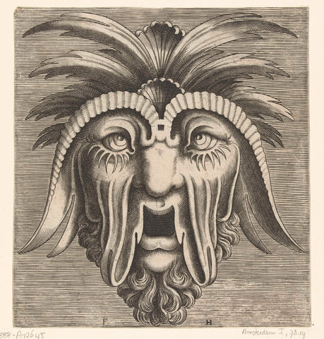 Mask with an open, toothless mouth, saggy cheeks and crests on the head, Frans Huys, 1555 Canvas Print