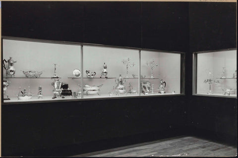 Room 177 with built-in display cases with various metal objects including jugs and candlesticks, 1962 Canvas Print