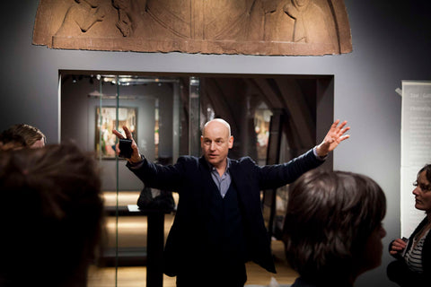 Instruction from Frits Scholten to a group of tour guides in the hall Christian art 1100-1600, above his head part of the Timpaan van Egmond, 2013 Canvas Print