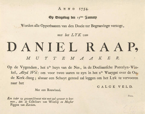 Sattric funeral note for the funeral of Daniël Raap, 1754, anonymous, 1754 Canvas Print