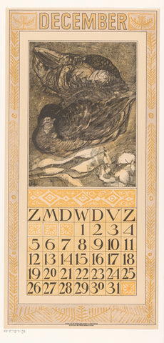 Calendar sheet December with two sleeping ducks, Theo van Hoytema, 1908 Canvas Print