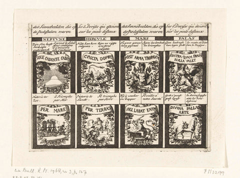 Eight emblems on the pedestals of the fireworks set in the Hofvijver, 1702, Daniël Marot (I), 1702 Canvas Print