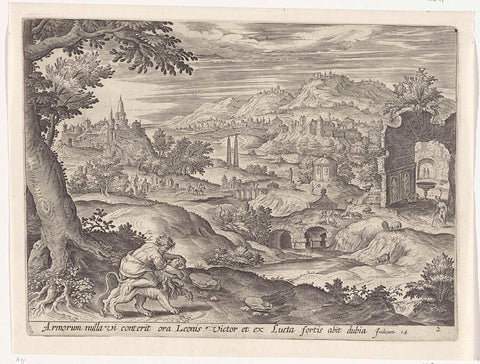 Simson kills the lion, Antonie Wierix (II), 1585 Canvas Print