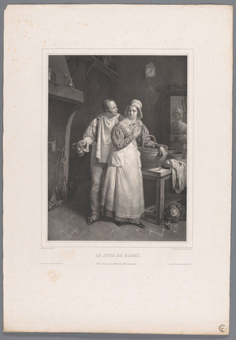 Man embraces woman in kitchen, Pierre Duval-Lecamus, 1829 Canvas Print