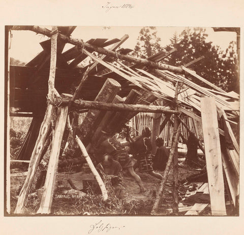 Four people build a wooden house, anonymous, 1884 Canvas Print