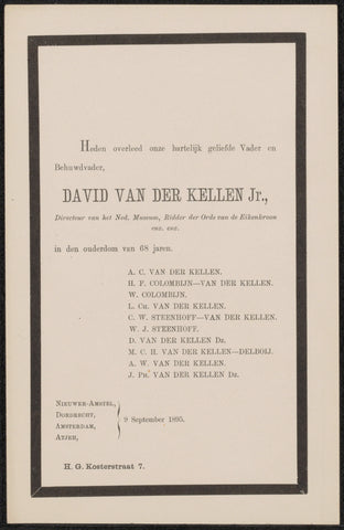 Obituary David van der Kellen (1827-1895), anonymous, 1895 Canvas Print